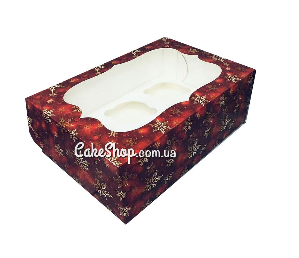 Коробка на 6 кексов с прозрачным окном Снежинка красная, 24х18х9 см - фото