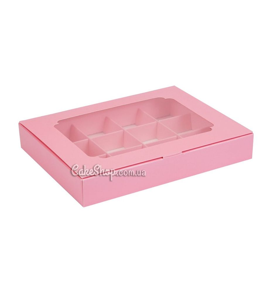 Коробка на 12 конфет с окном Розовая, 20х15,6х 3 см - фото