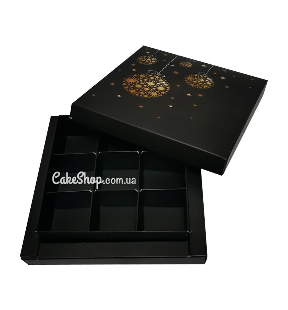 Коробка на 9 конфет Новогодняя черная, 16,5х16,5х4 см - фото