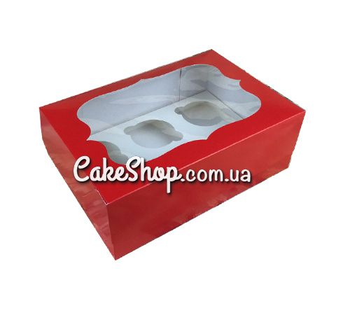 ⋗ Коробка на 6 кексів з прозорим вікном Червона, 25х18х9 см купити в Україні ➛ CakeShop.com.ua, фото