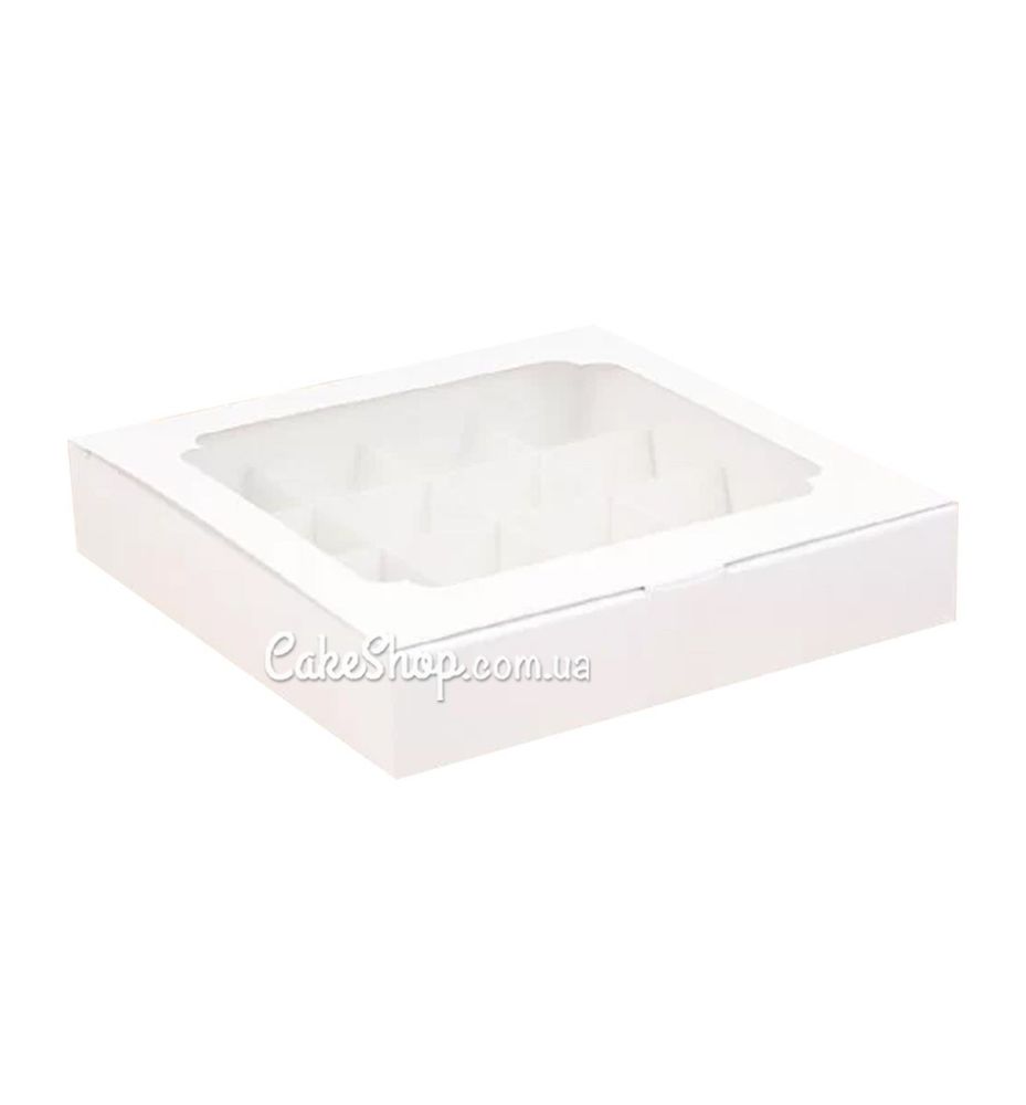 Коробка на 16 цукерок з вікном Біла, 18,5х18,5 х 3 см - фото