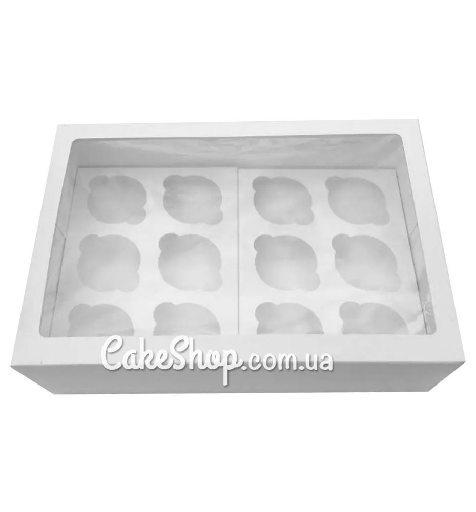 Коробка на 12 кексов с окном Белая, 35х24х9 см - фото