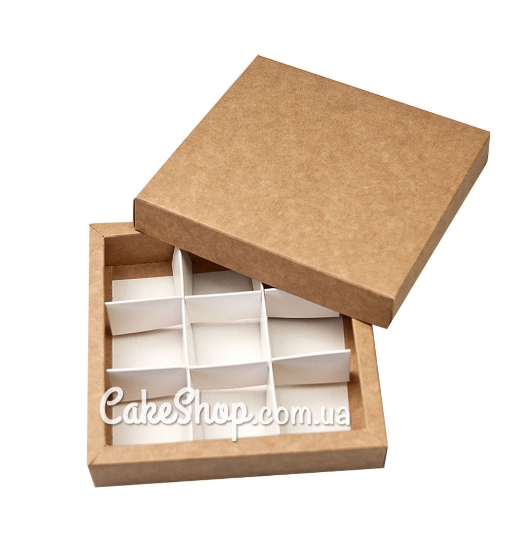 ⋗ Коробка на 9 цукерок з кришкою Крафт, 14,5х14,5х2,9 см купити в Україні ➛ CakeShop.com.ua, фото