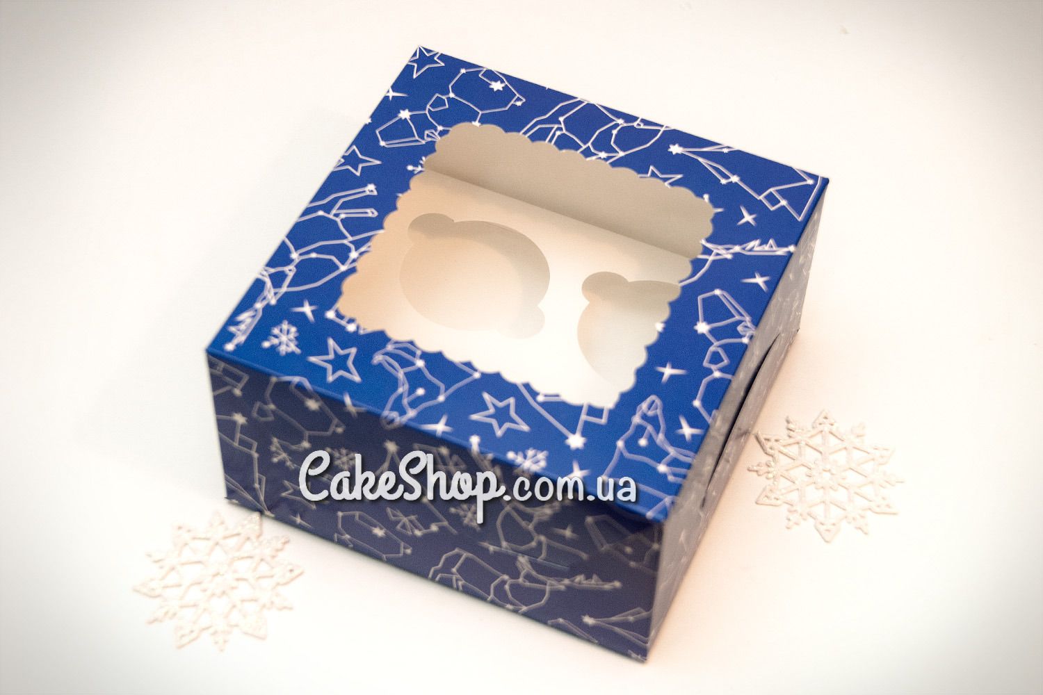 ⋗ Коробка на 4 кекса с окном Новогодняя Синяя купить в Украине ➛ CakeShop.com.ua, фото