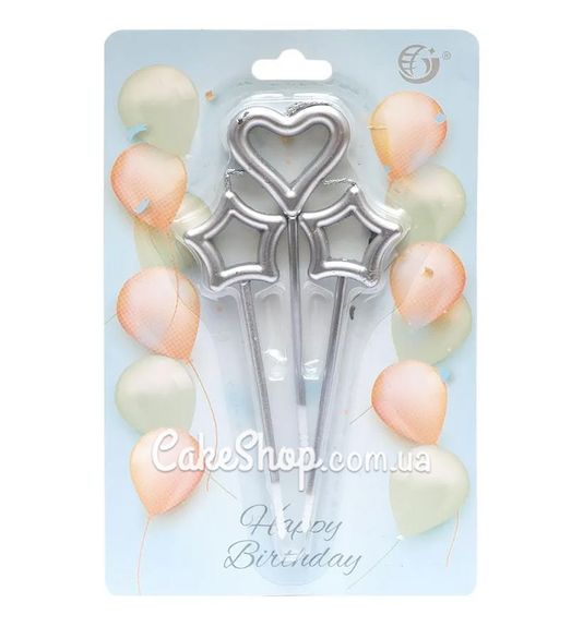 ⋗ Свечи для торта Звезды и сердце металлик серебряные купить в Украине ➛ CakeShop.com.ua, фото
