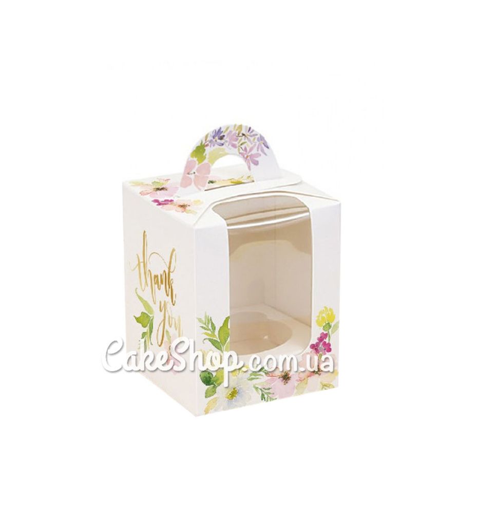 Коробка для 1 кекса с ручкой Цветы , 8,2х8,2х10 см - фото