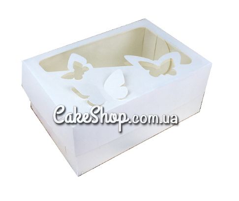Коробка на 6 кексов с бабочками Белая, 25х18х9 см - фото
