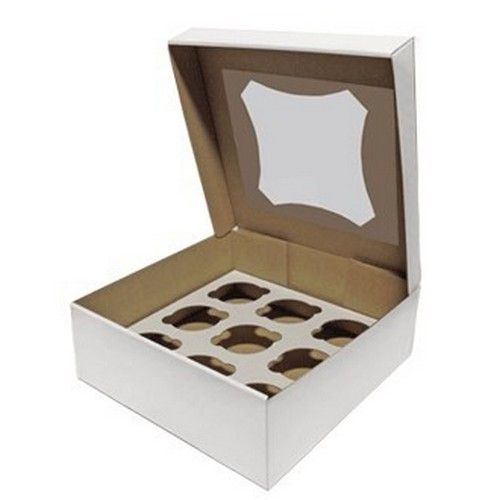 Коробка на 9 кексов из гофрокартона с прозрачным окном Белая, 26х26х9 см - фото