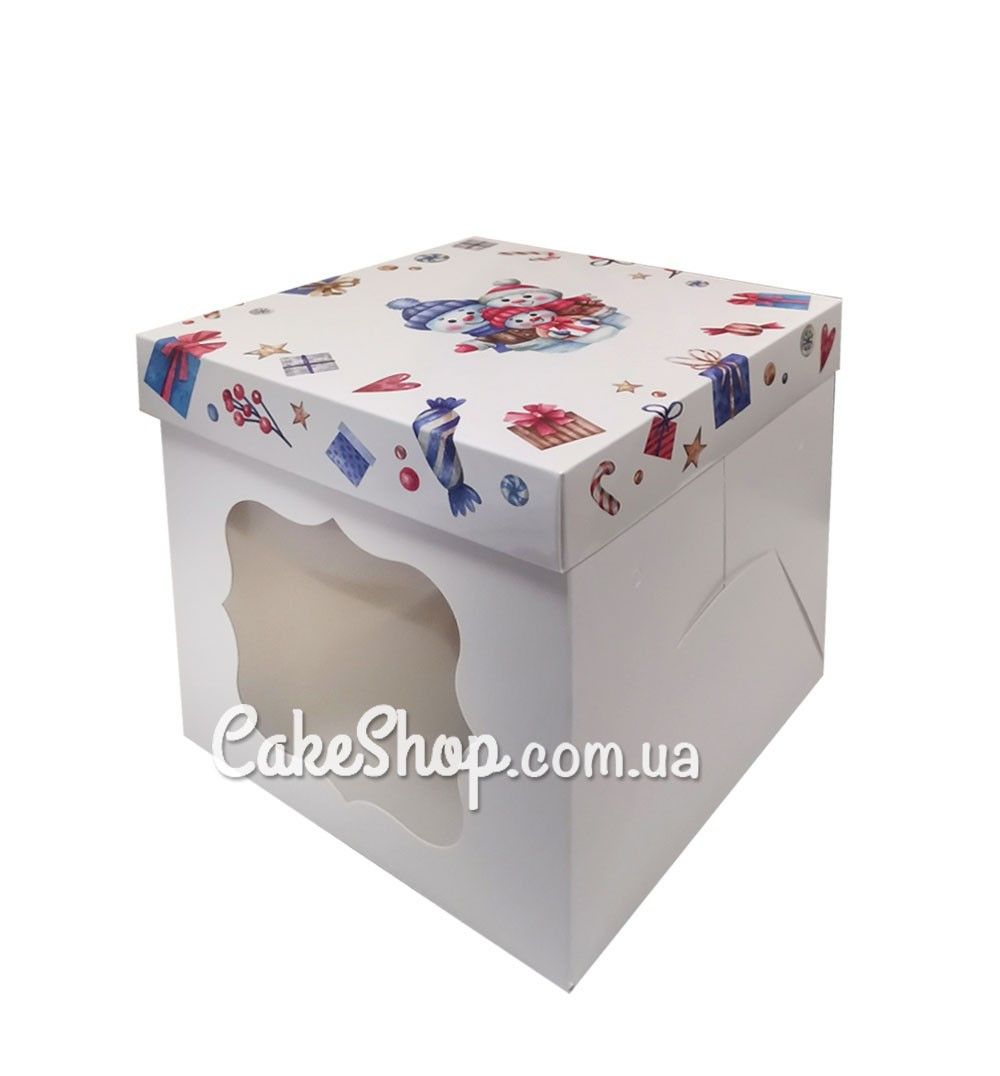 ⋗ Коробка для торта Сніговики з кришкою і віконцем, 17х17х17 см купити в Україні ➛ CakeShop.com.ua, фото