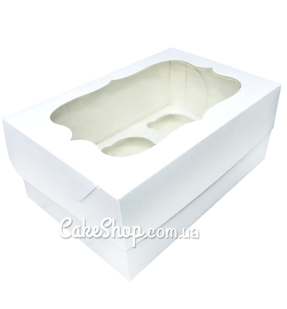Коробка на 6 кексов с фигурным окном Белая, 25х17х11 см - фото