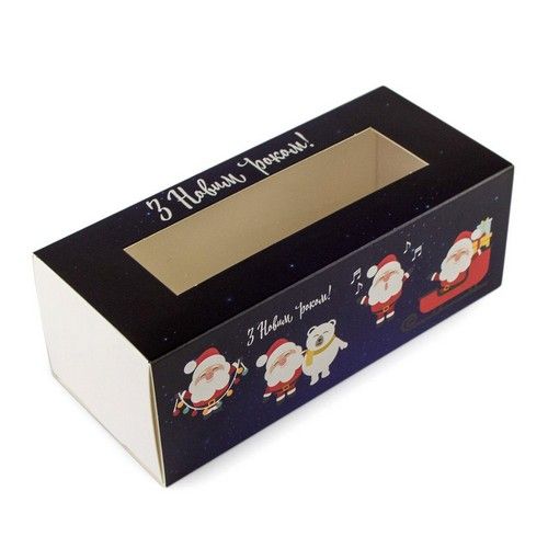 ⋗ Коробка для макаронс, конфет, безе с прозрачным окном  Дед Мороз синяя, 14х5х6 см купить в Украине ➛ CakeShop.com.ua, фото