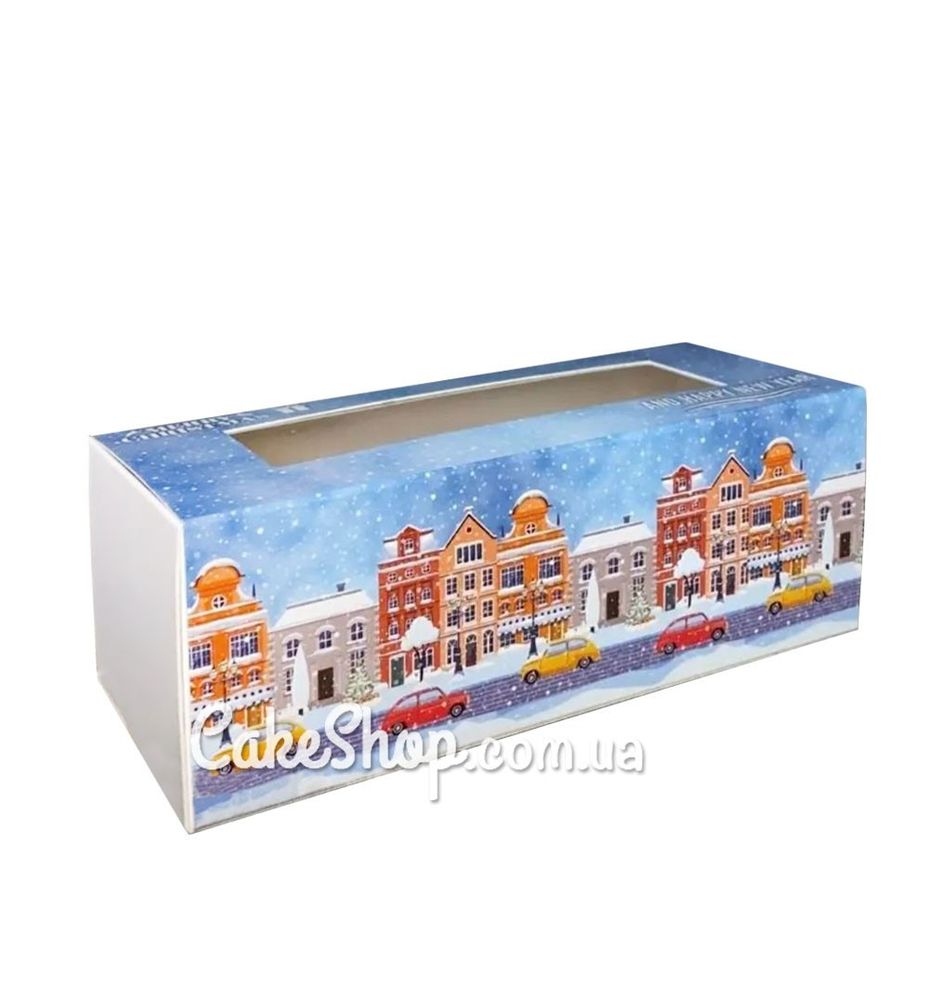 Коробка для макаронс, цукерок, безе з прозорим вікном Зимове місто, 14х6х5 см - фото