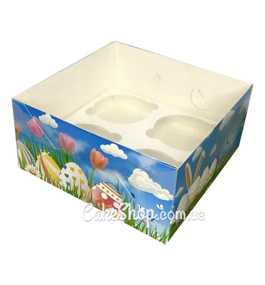 Коробка на 4 кекса с прозрачной крышкой Пасхальная, 16х16х8 см - фото