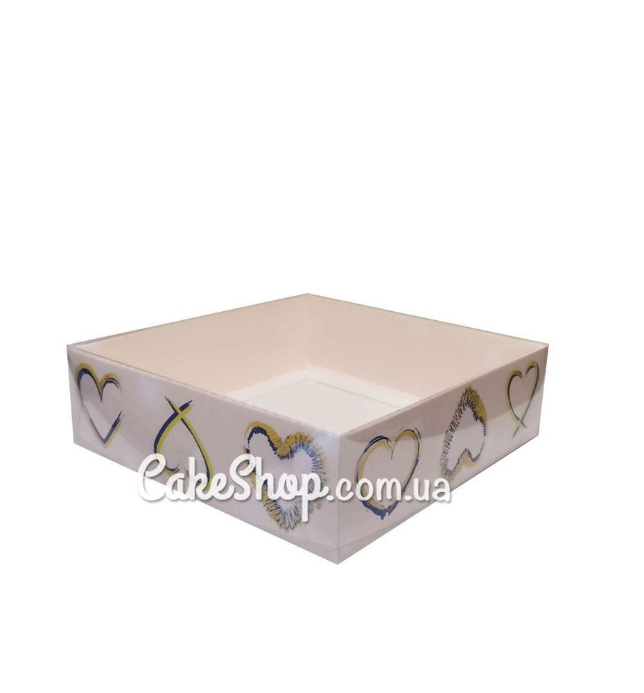 Коробка для пряників з прозорою кришкою Синьо-жовті серденька, 12х12х3,5 см - фото