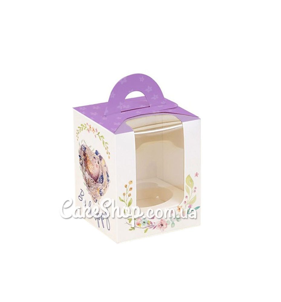 Коробка для 1 кексу з ручкою Пташка фіолетова, 8,2х8,2х10 см - фото