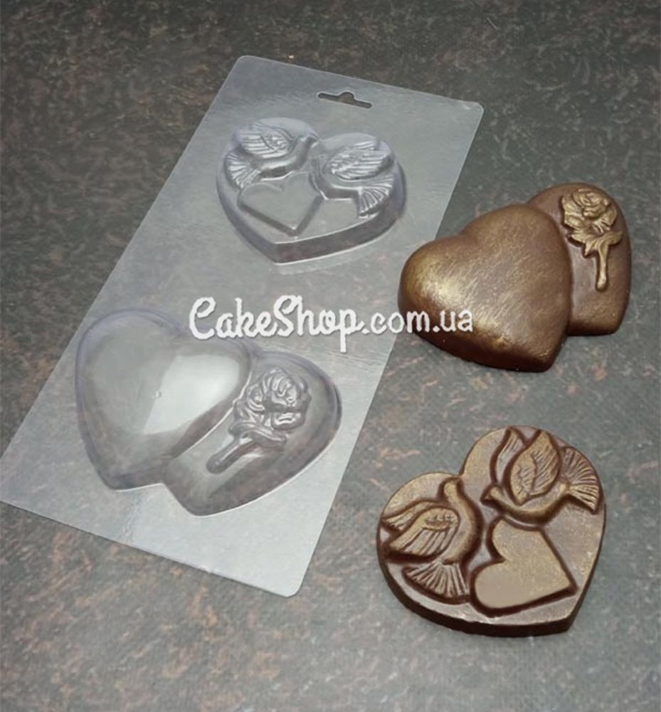 Пластиковая форма для шоколада Голуби и Роза на сердце - фото