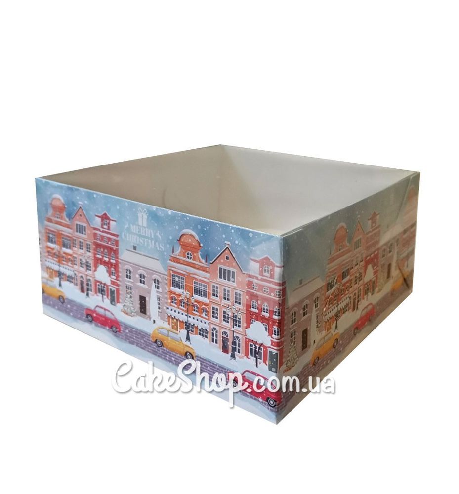 Коробка на 4 кекса с прозрачной крышкой Зимний город, 16х16х8 см - фото