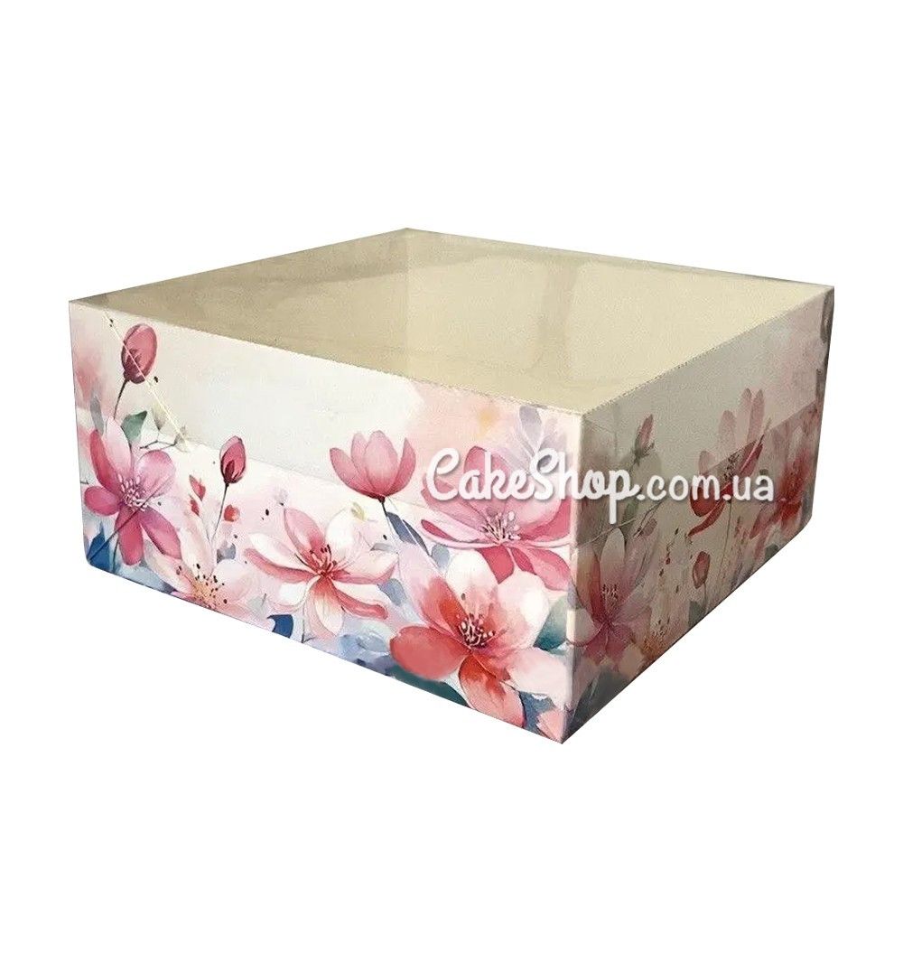 ⋗ Коробка для десертів з прозорою кришкою Акварельні квіти, 16х16х8 см купити в Україні ➛ CakeShop.com.ua, фото