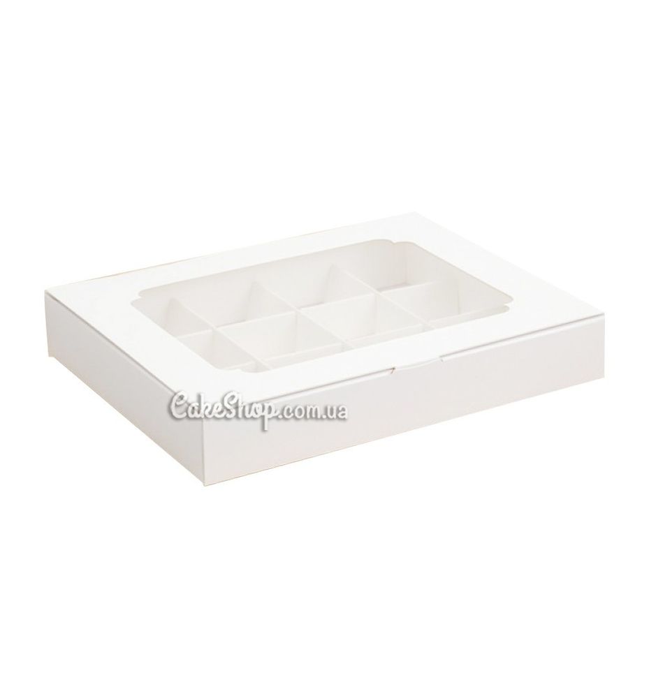 Коробка на 12 цукерок з вікном Біла, 20х15,6х 3 см - фото