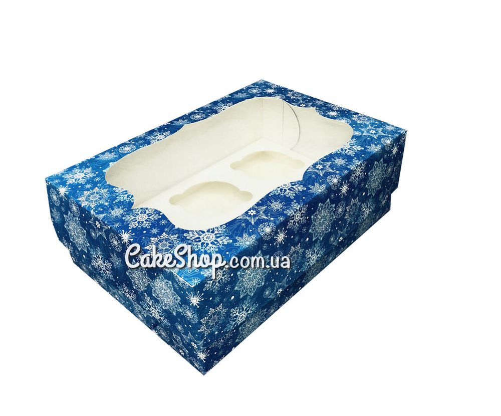 Коробка на 6 кексов с прозрачным окном Снежинка синяя, 24х18х9 см - фото