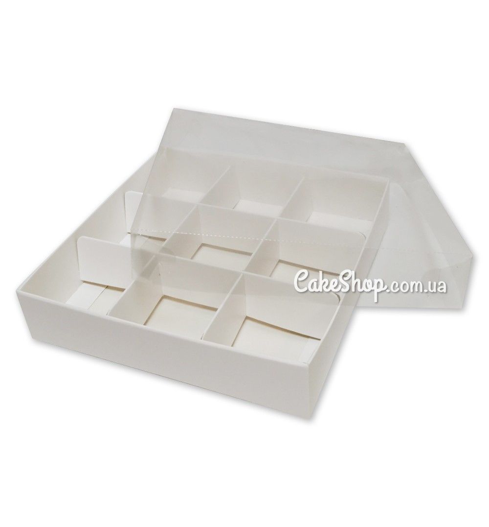⋗ Коробка на 9 цукерок з прозорою кришкою Біла, 16х16х3,5 см купити в Україні ➛ CakeShop.com.ua, фото