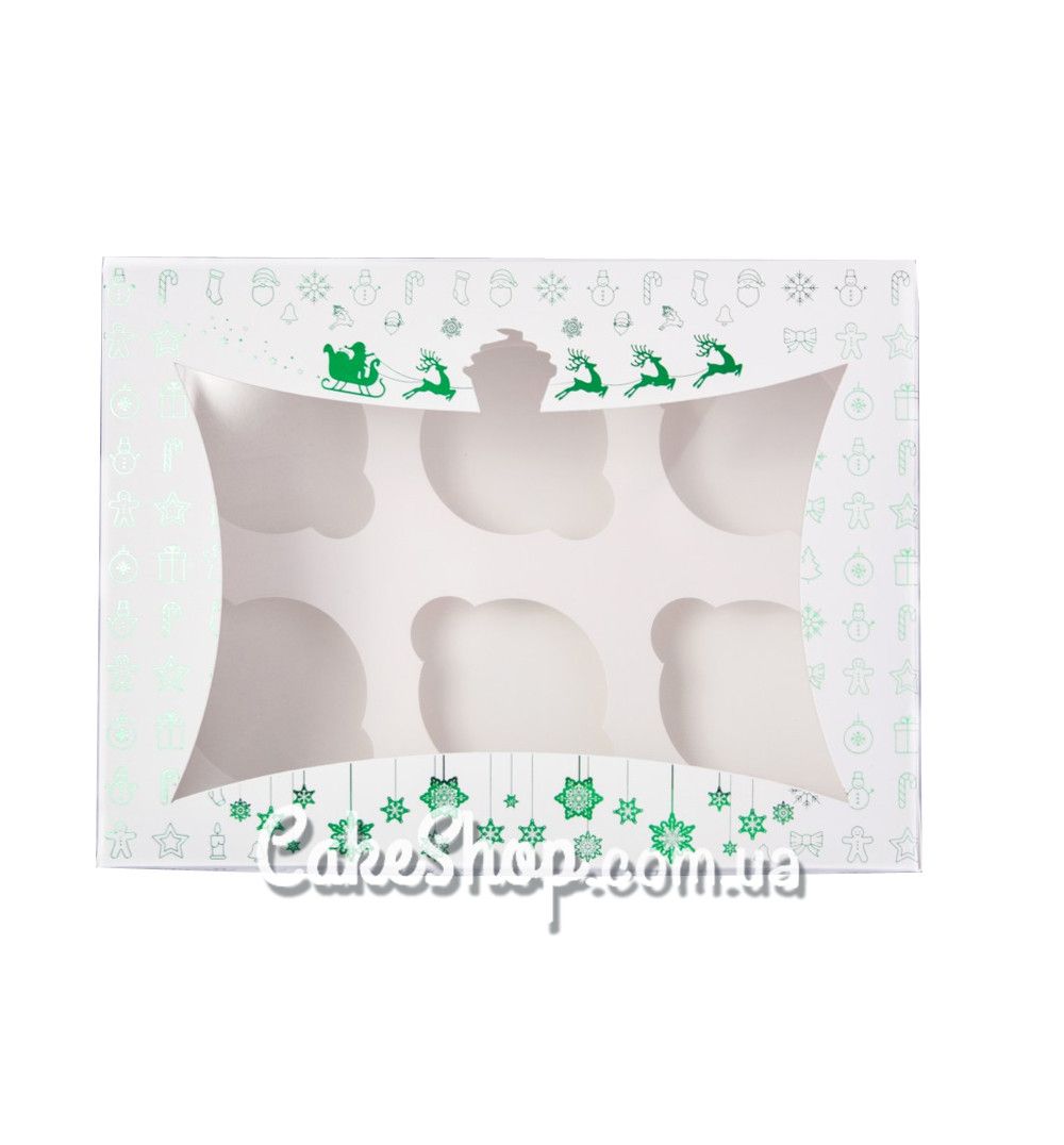 ⋗ Коробка на 6 кексов Новогодняя Зеленое тиснение, 24х18х9 см купить в Украине ➛ CakeShop.com.ua, фото