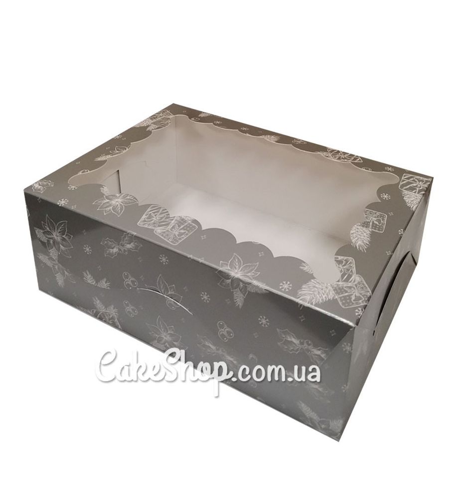 Коробка на 6 кексов с прозрачным окном Новогодняя серебряная, 25х17х9 см - фото