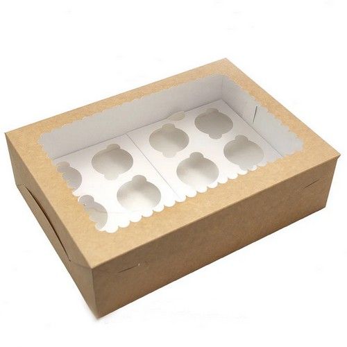 Коробка на 12 кексов с ажурным окном Крафт, 35,5х25х10 см - фото