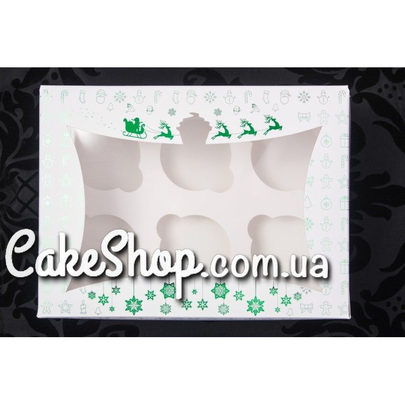 ⋗ Коробка на 6 кексов Новогодняя Зеленое тиснение, 24х18х9 см купить в Украине ➛ CakeShop.com.ua, фото