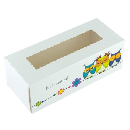 Коробка для макаронс, конфет, безе с прозрачным окном Совушки, 14х5х6 см - фото