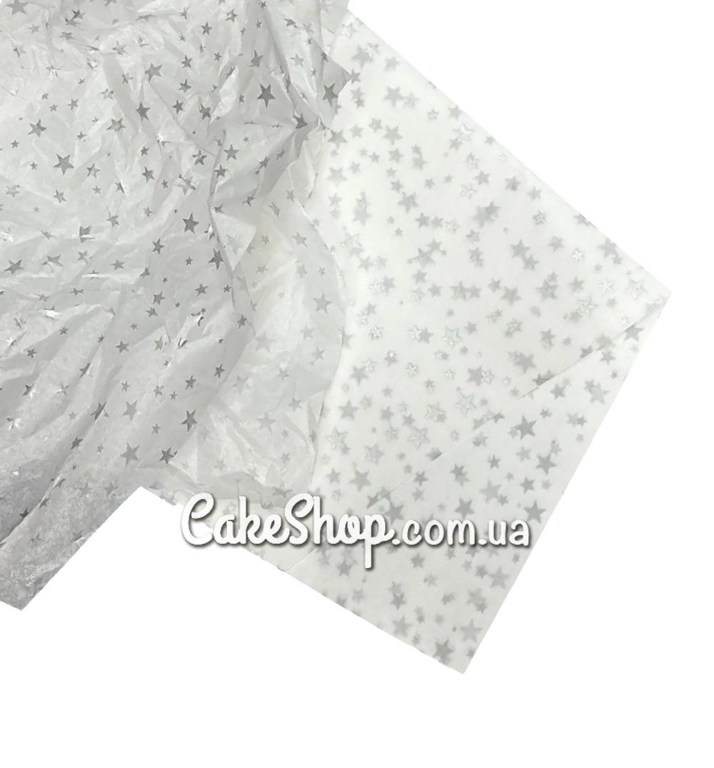 ⋗ Бумага тишью плотная Серебряные звездочки на белом 30г/м, 10 листов купить в Украине ➛ CakeShop.com.ua, фото