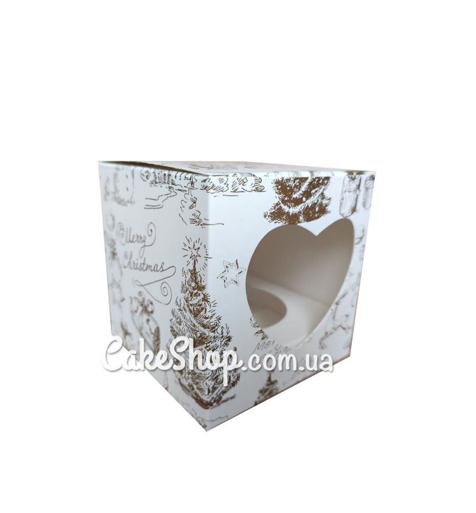 Коробка для 1 кекса с золотой печатью Merry Christmas (сердце), 9х9х9 см - фото