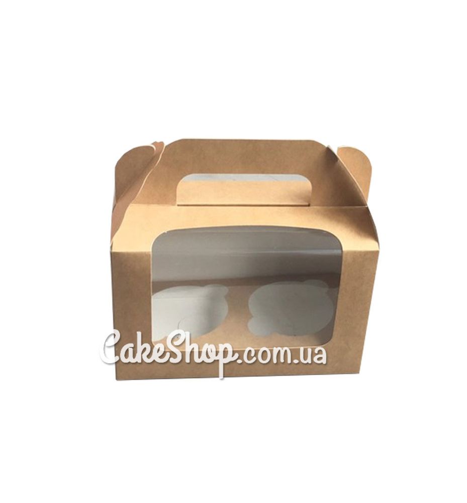 Коробка на 2 кекса с ручкой Крафт, 16,5х8х10,5 см - фото